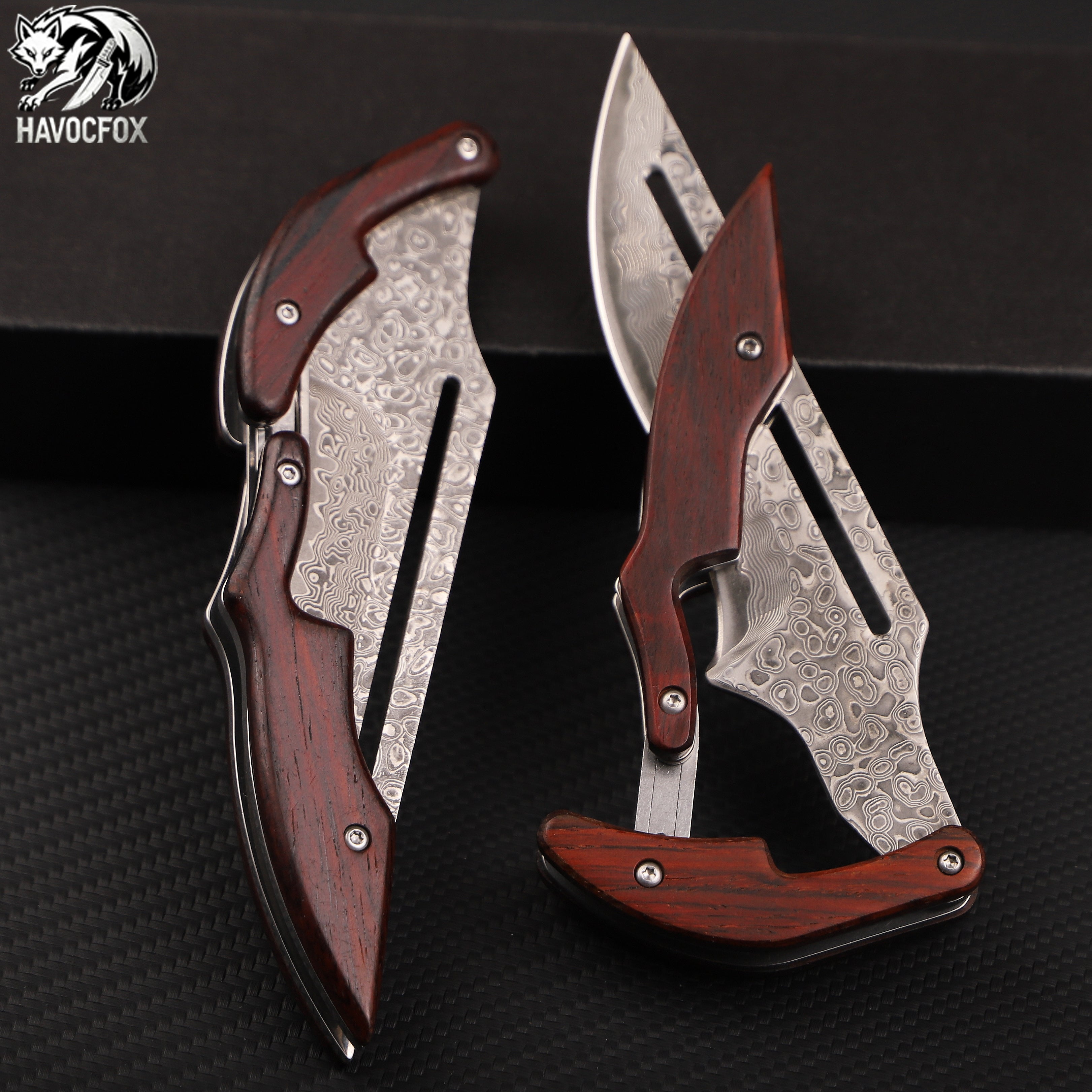 Rosewood handle Damascus steel mechanical folding knife