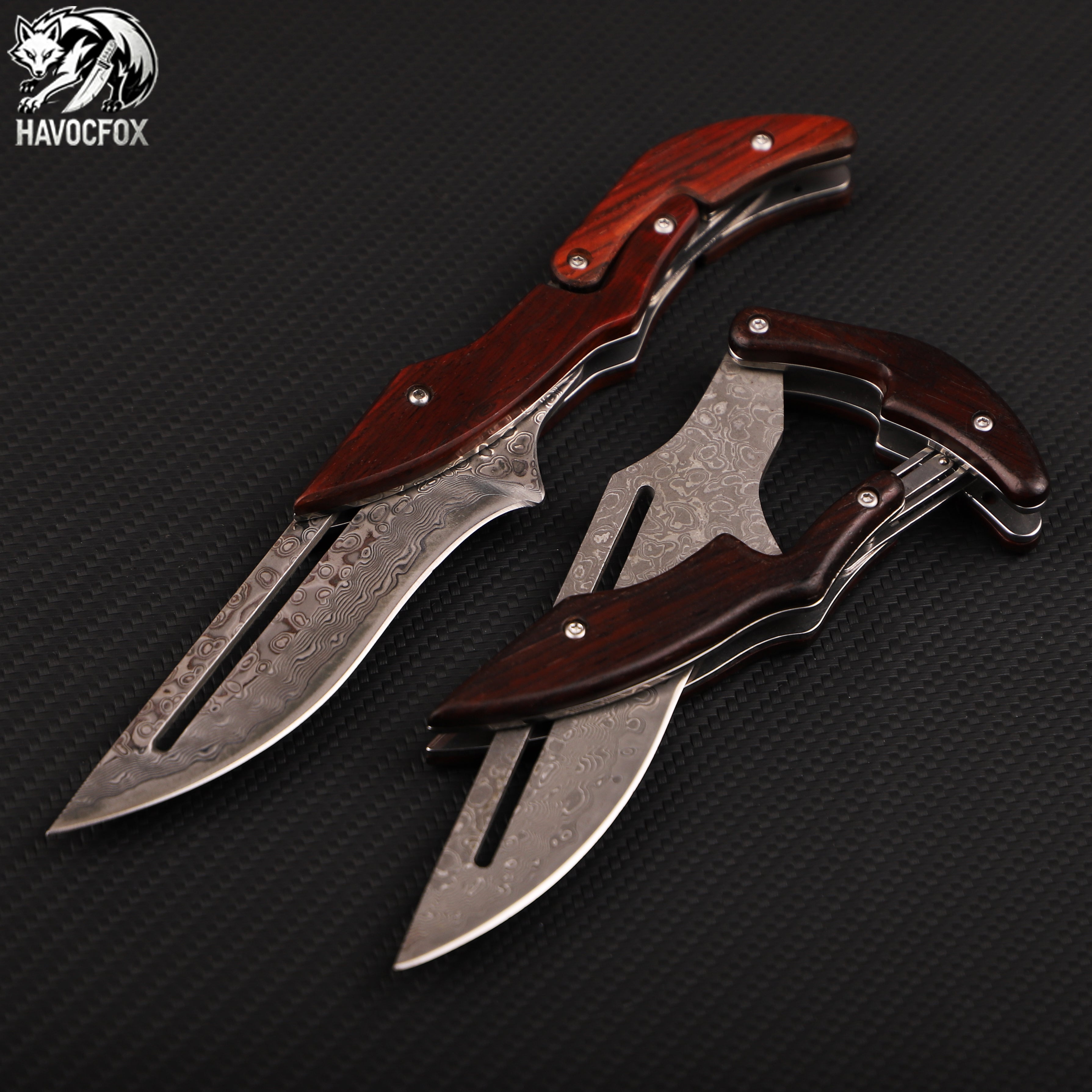 Rosewood handle Damascus steel mechanical folding knife
