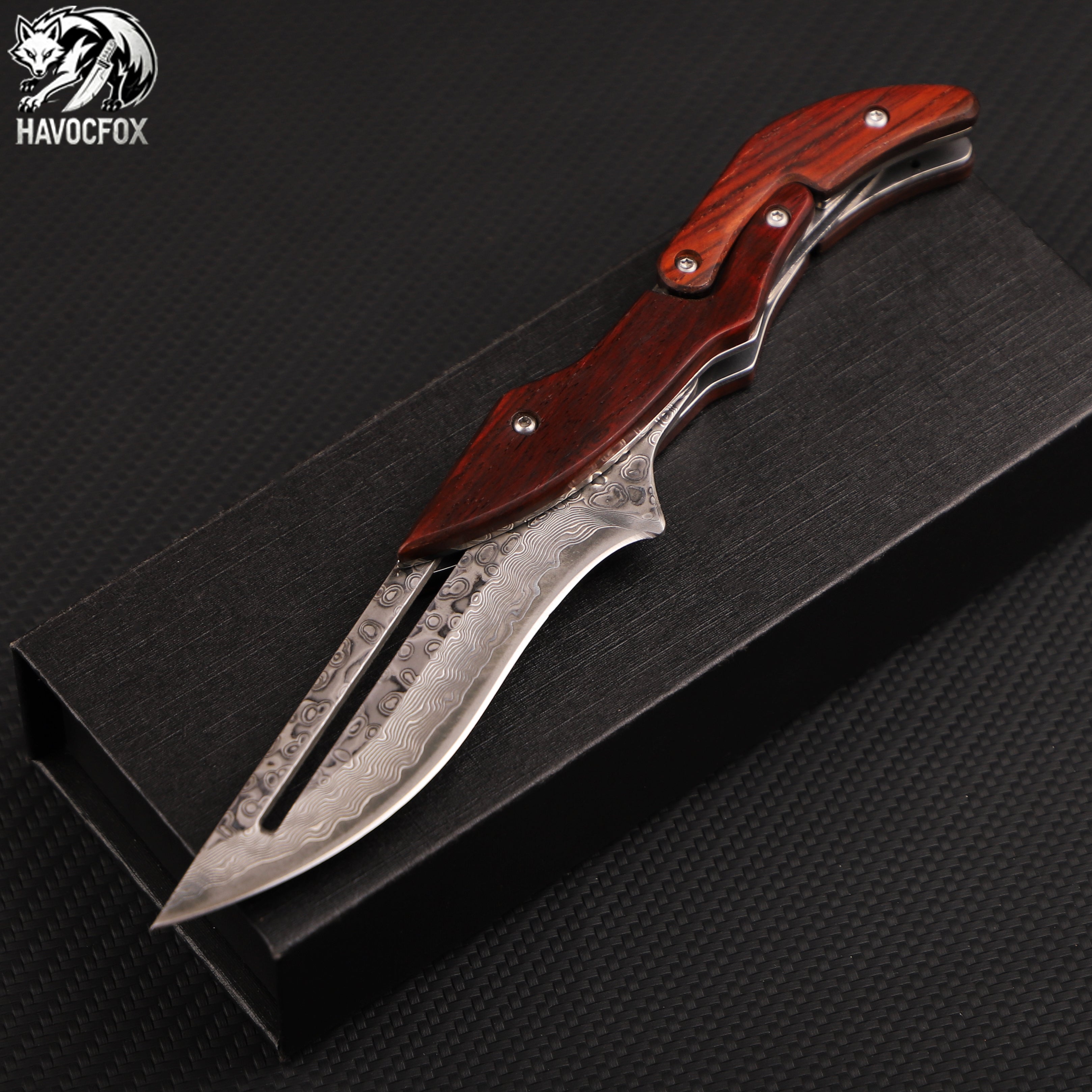 Rosewood handle Damascus steel mechanical folding knife